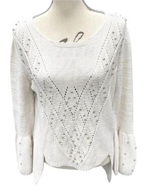 Winter White Metallic Fleck Scoop Neck Pointelle Bead Bell Sleeve Sweater (M)